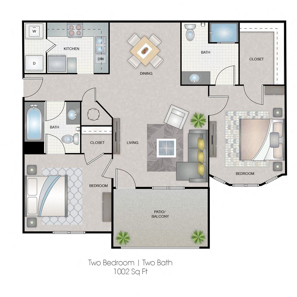 Floor plan for 2 beds, 2 baths, 1002 sqft
